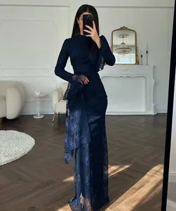 Elegant dark blue floral lace long sleeve evening gown with a slim fit silhouette