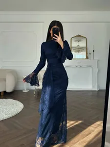 Elegant navy blue long sleeve lace bodycon evening gown dress for formal party events