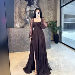 Elegant dark brown lace long-sleeve maxi dress with waist-slimming corset design