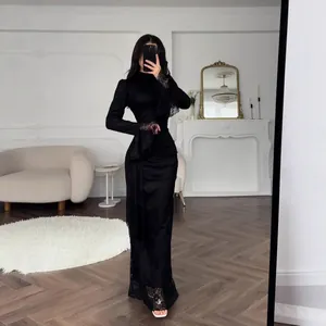 Elegant black lace bodycon evening dress with long sleeves for formal events