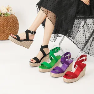 Sandalias de Cuña Estilo Vacaciones para Mujer Plataforma de Paja Tela Hebilla de Tiras en T Casual Sandalias Romanas Cómodas