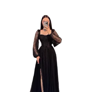 Elegant black lace long sleeve maxi dress featuring cinched waist and high leg slit