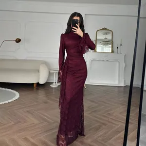 Elegant wine red floral lace high neck bodycon evening gown for formal parties and galas.