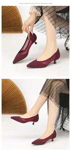 Detailansicht der weinroten spitzen Mesh-Pumps mit elegantem Pfennigabsatz an einem Model