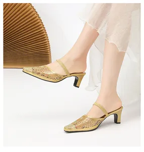 Elegant gold rhinestone mule sandals with mesh hollow-out design