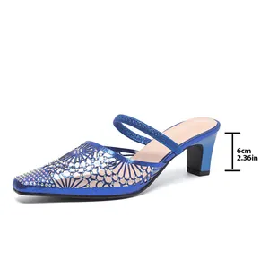 Elegant blue square toe mule sandals with rhinestone decor and 6cm high mid heel