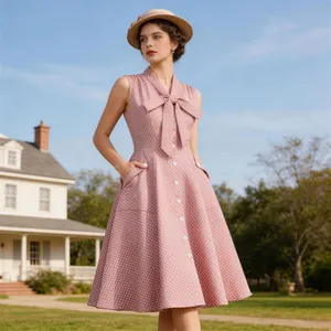 Robe élégante sans manches à pois roses avec nœud et boutons dans un jardin