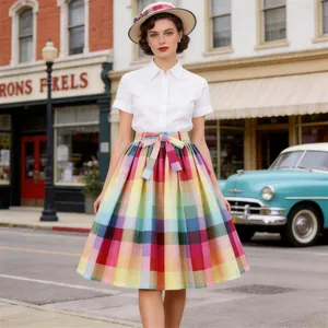 Full silhouette of rainbow plaid skirt styled with a white shirt in a retro street scene.