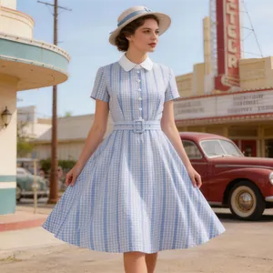 Full view of a vintage light blue gingham dress with white collar and matching belt