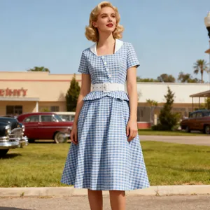 Retro blue gingham dress featuring a contrast white collar and elegant ruffled waist