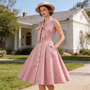 Robe vintage rose à pois sans manches avec col à nœud et boutonnage simple devant