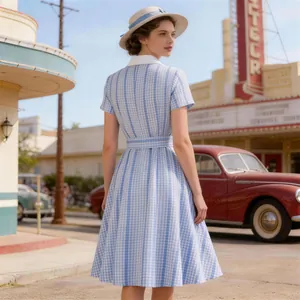 Back view of vintage blue plaid swing dress with white shirt collar in retro street scene.