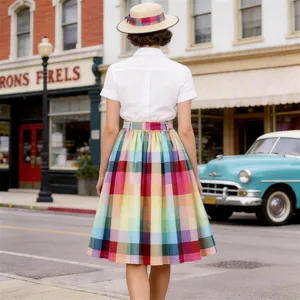 Back view of a vintage rainbow plaid midi skirt on a scenic retro street background.