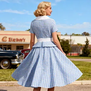 Retro back view of a vintage blue and white gingham dress with white collar and belt