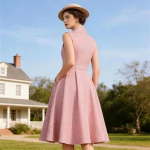 Vue arrière d'une robe midi rétro rose à pois sans manches en ligne A avec poches