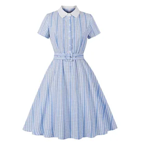 Vintage blue and white plaid A-line dress with white collar and matching belt