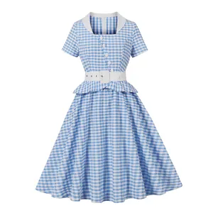 Vintage blue and white gingham dress with elegant white collar and waist belt detail
