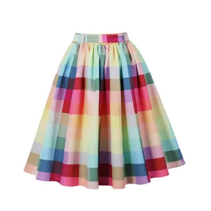 Vibrant rainbow checkered high-waisted pleated midi skirt with stylish big swing design