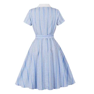 Back view of a vintage blue plaid dress with a white shirt collar and large swing