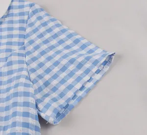 Detailed macro view of blue and white gingham dress featuring ruffle sleeve and white collar.
