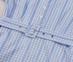 Close-up of blue and white gingham dress featuring white buttons and a matching belt buckle