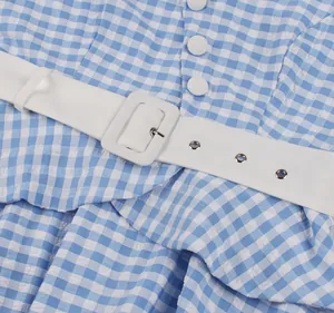 Close-up detail of blue and white gingham dress with white waist belt and buttons
