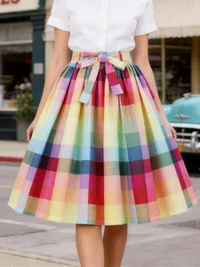 Retro Rainbow Plaid Midi Skirt Women High Elastic Waist A-Line Large Swing Skirt With Belt Streetwear Fashion Skirt Bottom