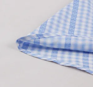 Detailed macro shot showing the fine white stitching and blue checkered fabric texture