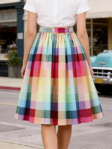Vintage rainbow plaid pleated midi skirt with high elastic waist for stylish women