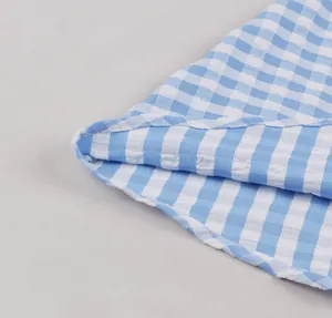 Close-up of blue and white checkered seersucker fabric with ruffled hem detailing