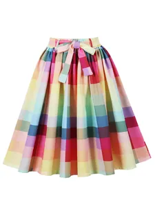 Vibrant rainbow checkered high-waist pleated A-line midi skirt with a stylish bow belt