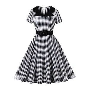Vintage black and white checkered flared dress with contrast collar and black belt