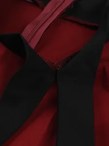 Macro detail of wine red retro dress neckline showing high-quality zipper and black fabric trim