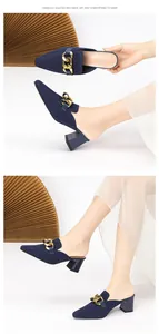 Detailansicht der dunkelblauen Strick-Mules mit Goldkette und klobigem Blockabsatz