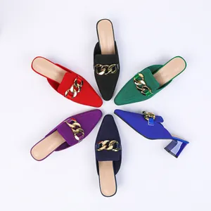 Damen Spitz Strick Mules Mode Goldkette Dekor Blockabsatz Atmungsaktiv Pantoletten Casual Sommer Schuhe
