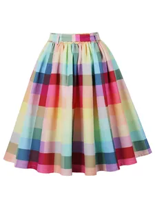 Elegant colorful rainbow plaid high-waisted midi skirt featuring a large swing A-line silhouette