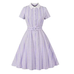 Elegant vintage purple gingham shirt collar dress with short sleeves and a matching belt