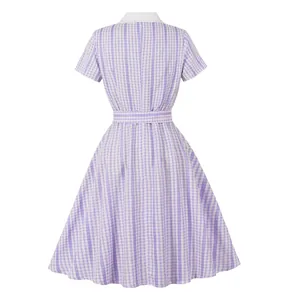 Back view of a vintage lavender gingham shirt collar short sleeve flare midi dress.