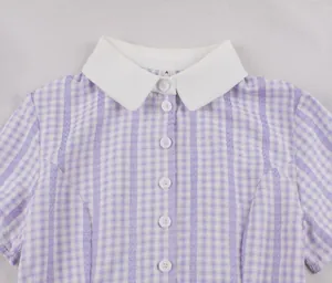Close-up detail of a purple plaid vintage dress featuring a white collar and buttons.