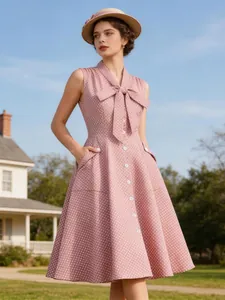 Robe rétro chic rose à pois sans manches avec nœud au col et boutons sur le devant