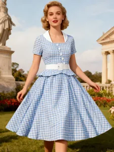 Elegant vintage blue and white gingham dress with contrast white collar and belt