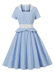 Elegant vintage blue and white gingham dress with a white collar and matching belt.