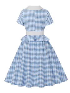 Vintage blue and white gingham dress with white collar and peplum back view