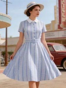 Women Vintage Gingham Swing Dress Contrast Shirt Collar Short Sleeve High Waist Plaid Midi Dress With Belt For Party
