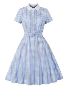 Vintage blue and white gingham shirt collar short sleeve A-line dress with matching belt