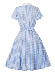 Back view of vintage light blue and white gingham short sleeve flared dress with collar