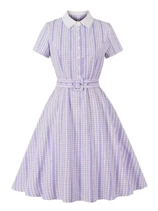 Vintage purple gingham shirt collar short sleeve A-line swing dress for women