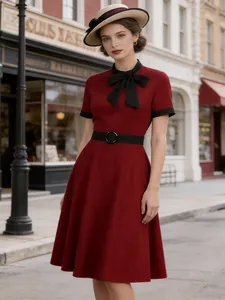 Vintage Wine Red Bow Midi Dress For Women Retro Contrast Short Sleeve A-Line Swing Dress With Belt For Party Daily Wear