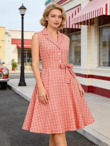 Vestido de Cuadros Estilo Vintage Años 1950 para Mujer Solapa Sin Mangas Algodón Línea A Midi Vestido Retro con Cinturón