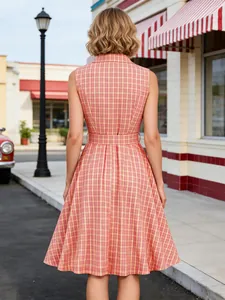 Vestido sin mangas a cuadros vintage de los años 50 con solapa y cinturón mujer